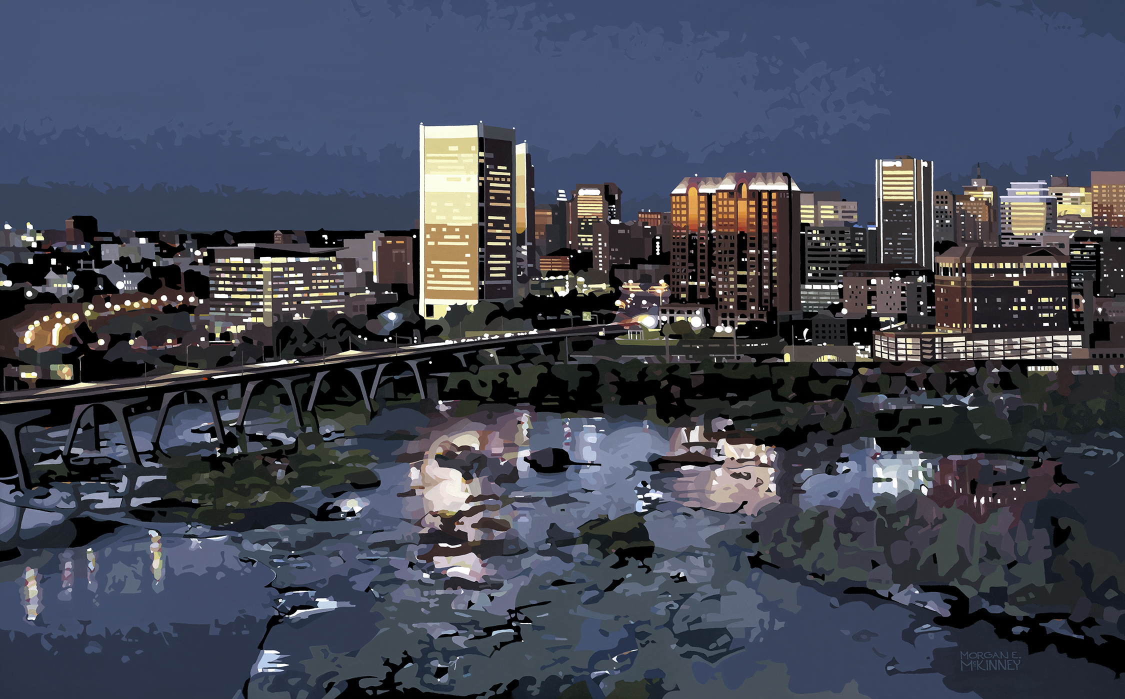 A photograph of a painting by Morgan McKinney, featuring a city skylinr